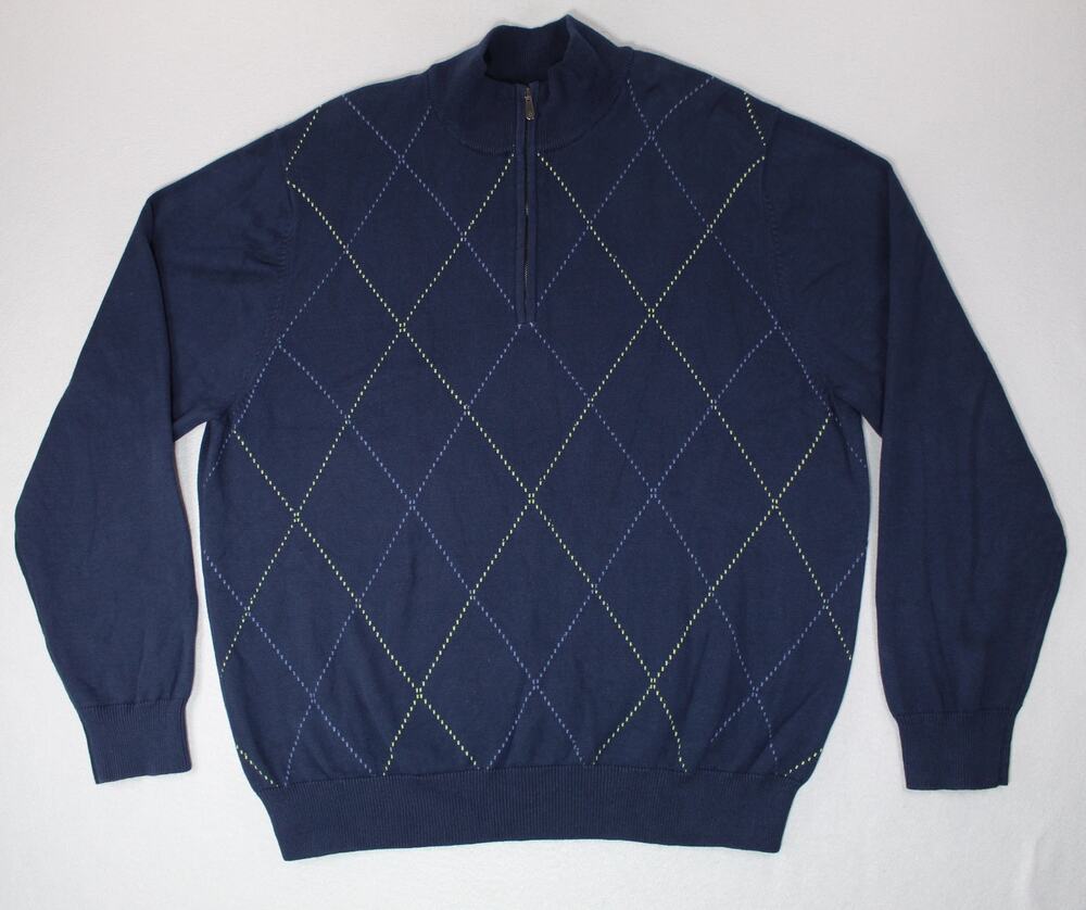Izod Blue Argyle Quarter Zip Pullover Cotton Sweater Mens XL